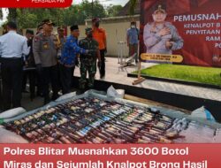 Polres Blitar Musnahkan 3600 Botol Miras dan Sejumlah Knalpot Brong Hasil Sitaan