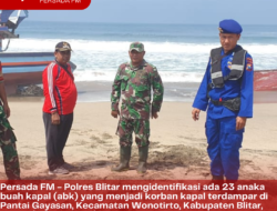 Persada FM – Polres Blitar mengidentifikasi ada 23 anaka buah kapal (abk) yang menjadi korban kapal terdampar di Pantai Gayasan, Kecamatan Wonotirto, Kabupaten Blitar, Kamis (07/09/2023).