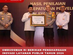 OMBUDSMAN RI BERIKAN PENGHARGAAN INOVASI LAYANAN PUBLIK TAHUN 2024 DENGAN KATEGORI A PADA POLRES BLITAR