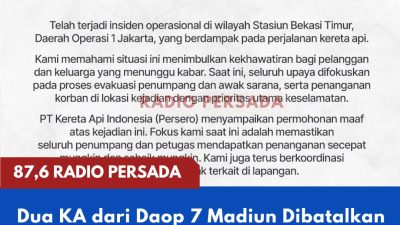 Dua KA dari Daop 7 Madiun Dibatalkan Imbas Insiden di Bekasi Timur, KAI Sampaikan Duka Mendalam