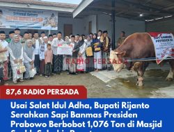Usai Salat Idul Adha, Bupati Rijanto Serahkan Sapi Banmas Presiden Prabowo Berbobot 1,076 Ton di Masjid Syekh Subakir Penataran