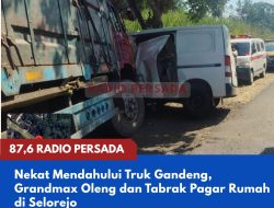 Nekat Mendahului Truk Gandeng, Grandmax Oleng dan Tabrak Pagar Rumah di Selorejo