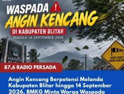 Angin Kencang Berpotensi Melanda Kabupaten Blitar hingga 14 September 2026, BMKG Minta Warga Waspada